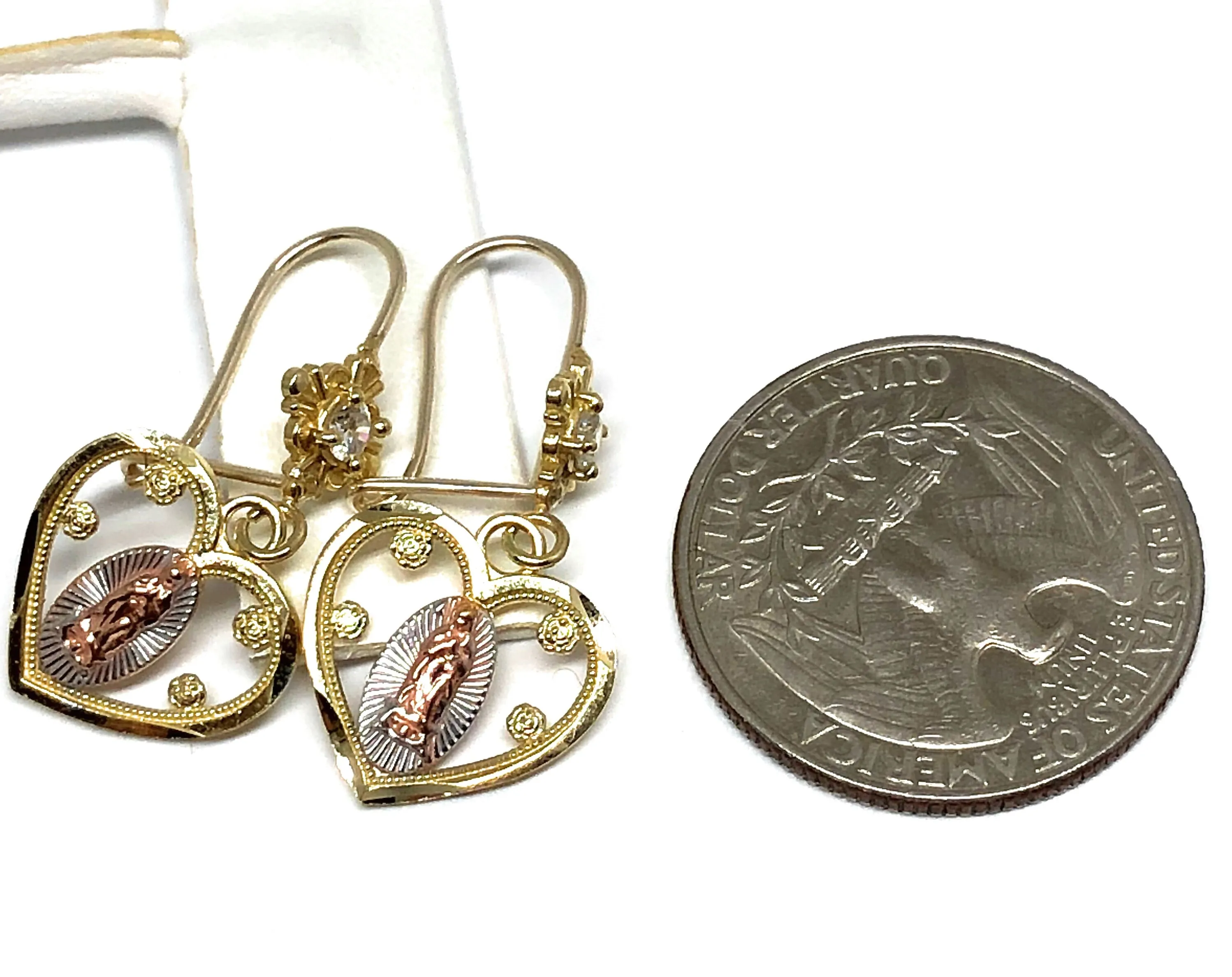 10k Solid Gold Yellow Tri-Color Virrgin Mary Heart Dangle Earrings
