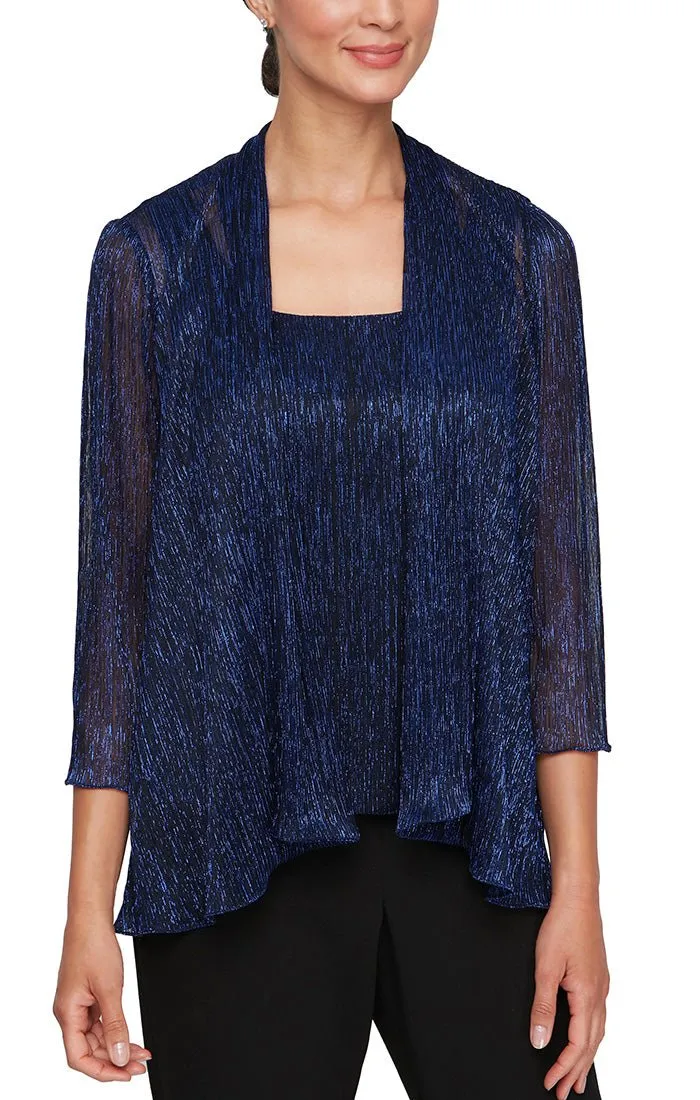 3/4 Sleeve Scoop Neck Metallic Knit Twinset with Open Foldover Detail Jacket