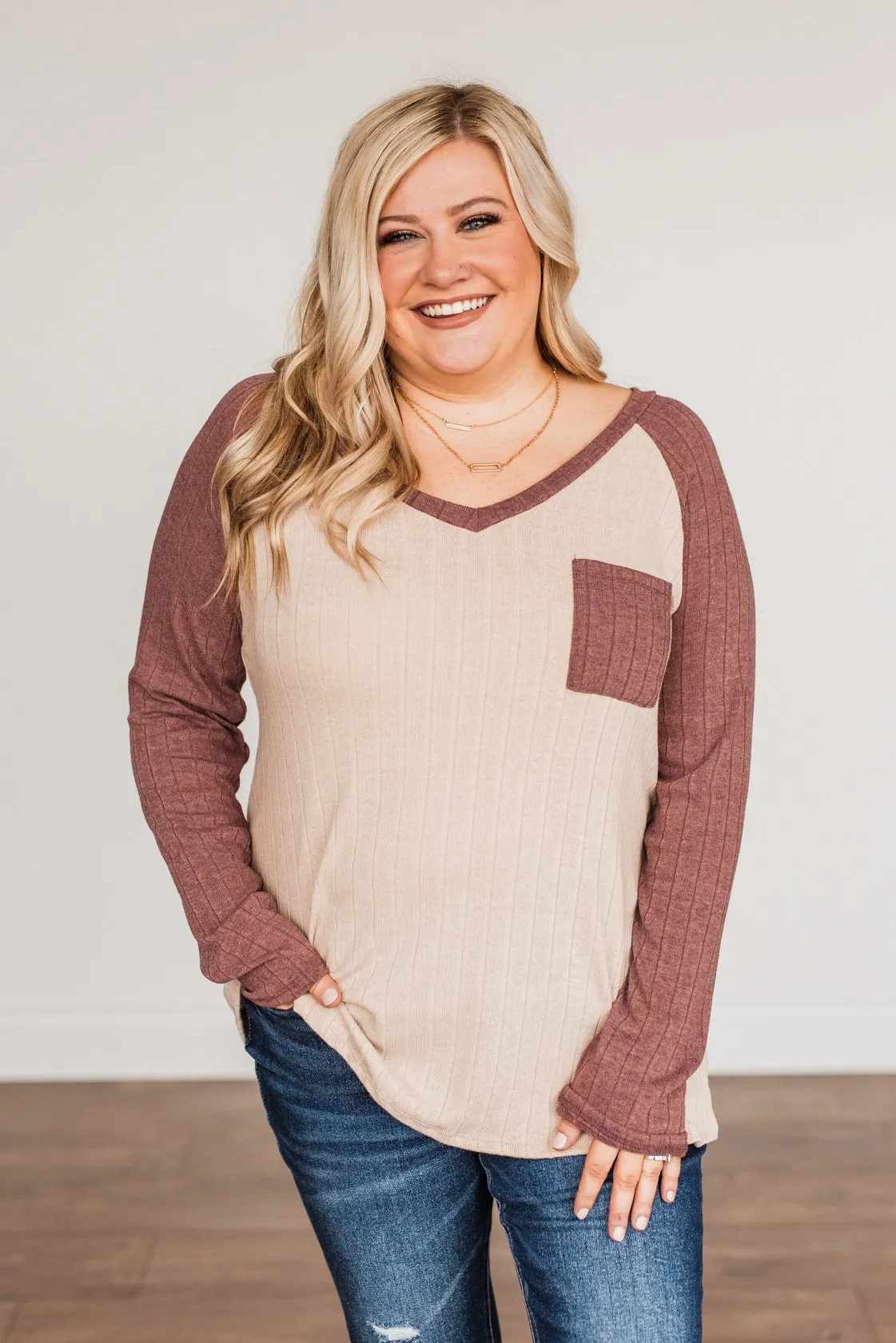 Figure Me Out V-Neck Top- Oatmeal & Mauve