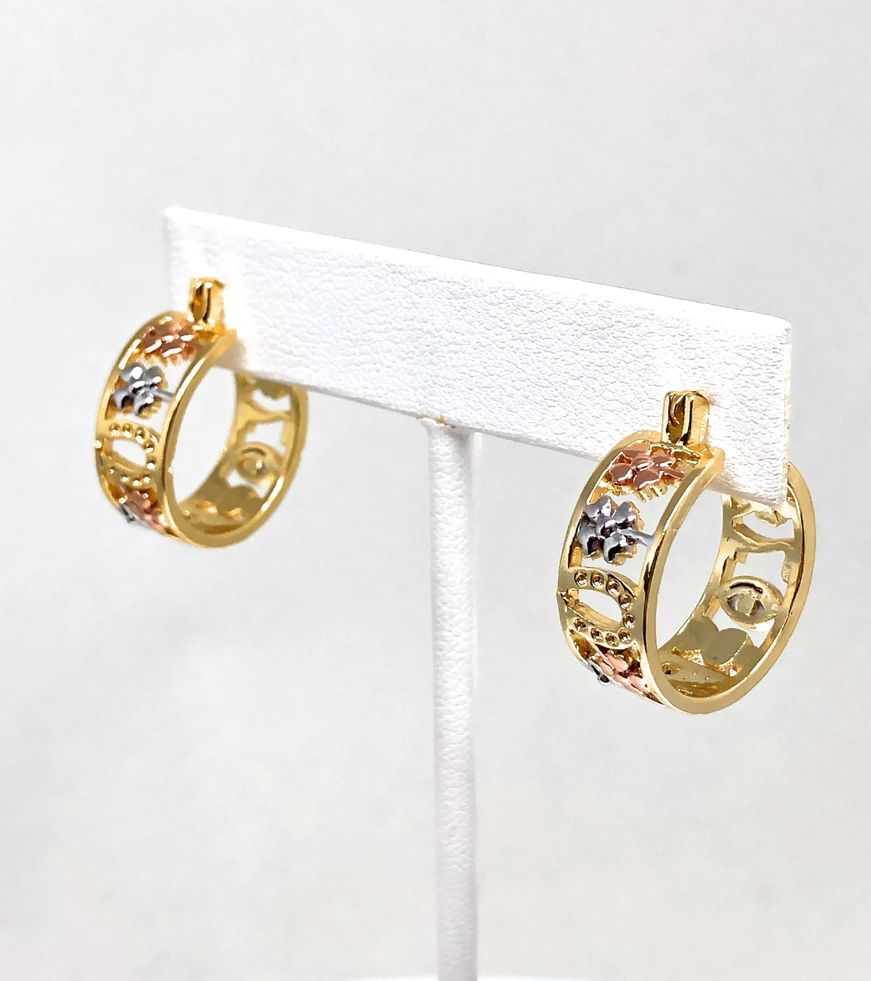 Gold Plated Tri-Color Lucky Symbols Hoop Earrings Aretes Arracada Suerte Tres Colores