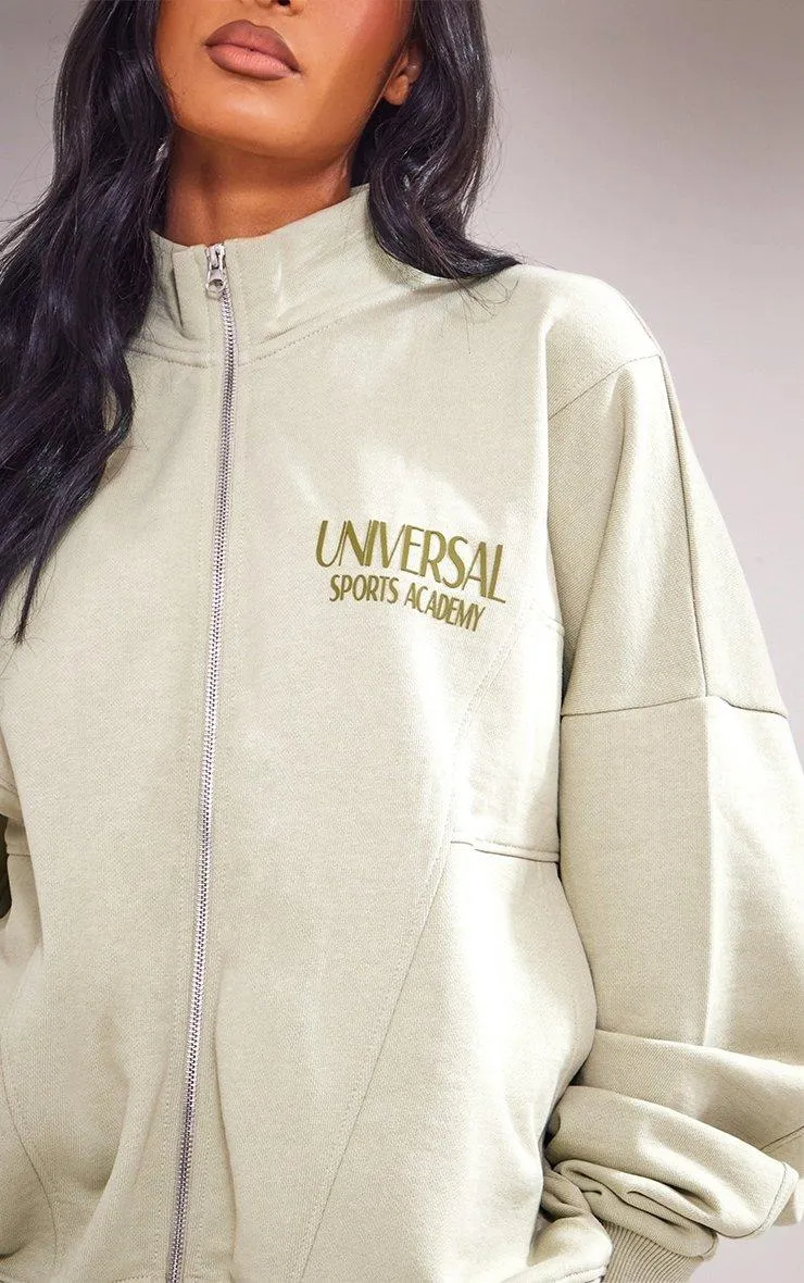 Hoodies & Sweatshirts | Sage Green Premium Tonal Print Zip Through Panelled Track Top | PrettyLittleThing