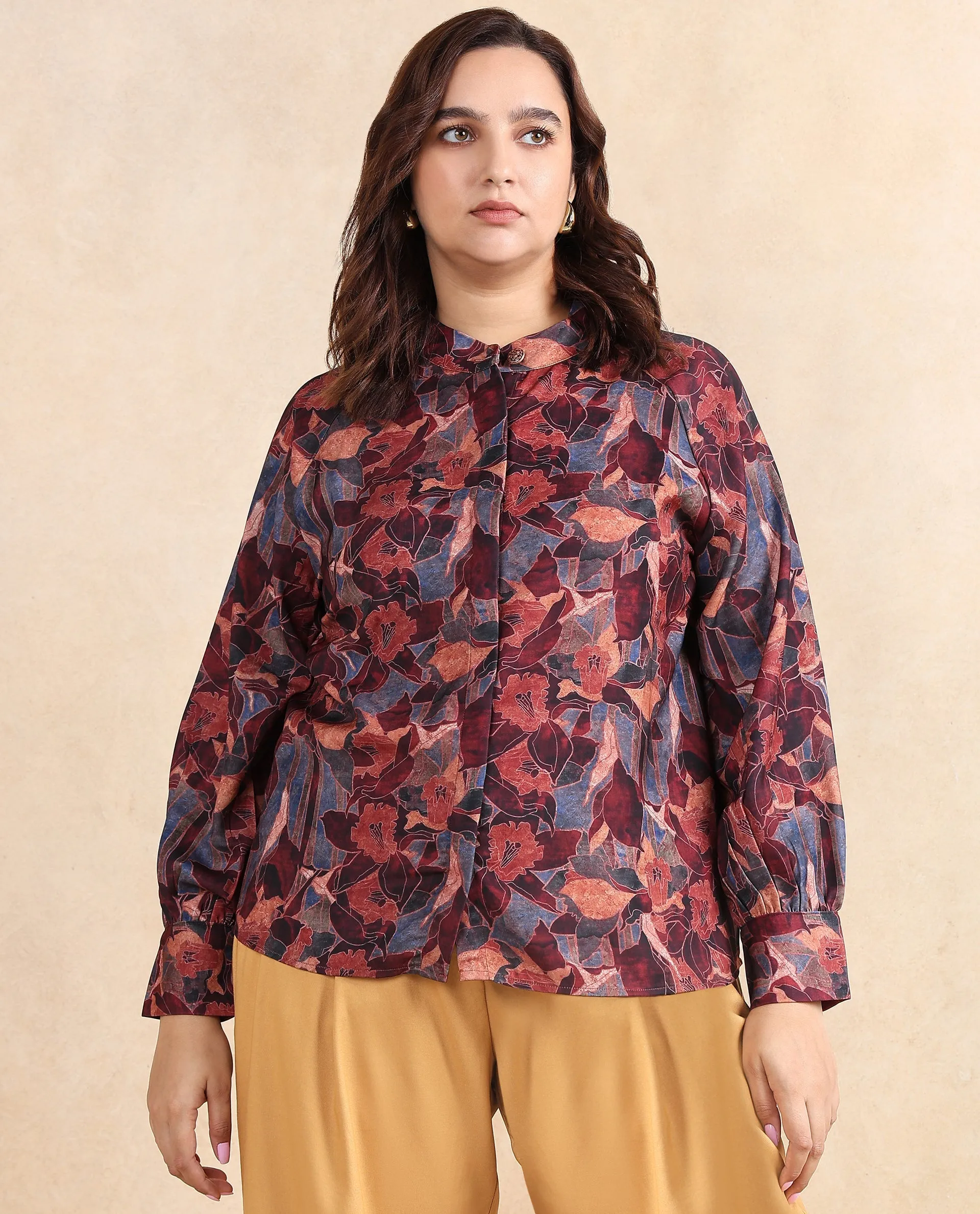 Rareism Women Snery Dark Multi Polyester Fabric Cuffed Sleeve Collared Neck Button Closure Floral Print Top